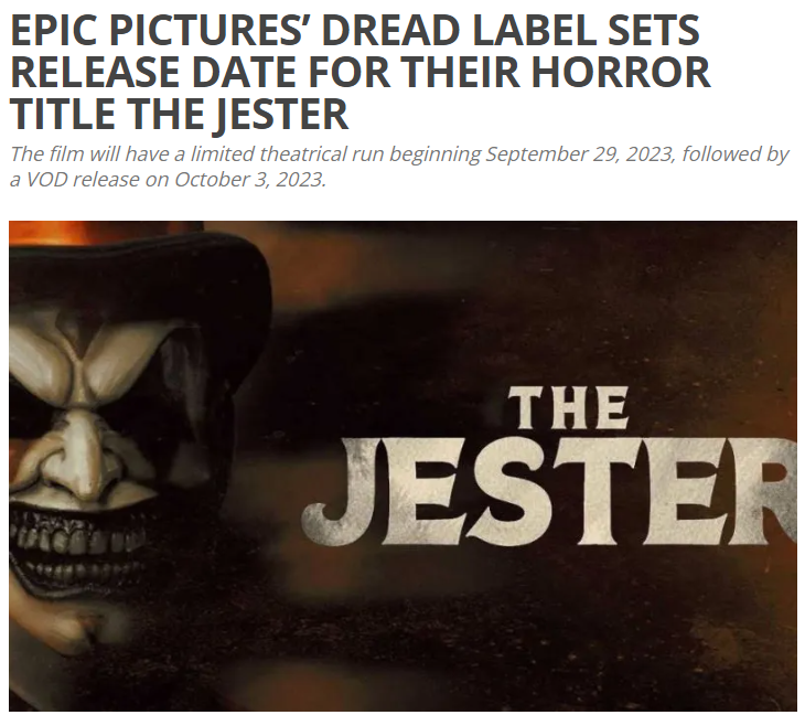 EPIC PICTURES’ DREAD LABEL SETS RELEASE DATE FOR THEIR HORROR TITLE THE JESTER